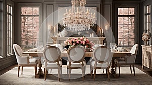 Luxurious furnished dining room, glamour dining area, elegant interior design