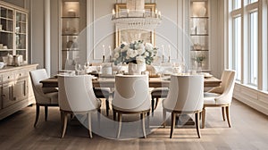 Luxurious furnished dining room, glamour dining area, elegant interior design