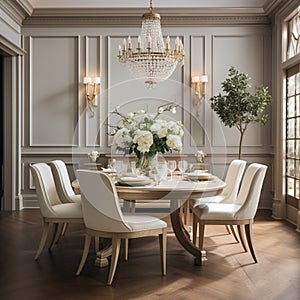 Luxurious furnished dining room, glamour dining area, elegant interior design