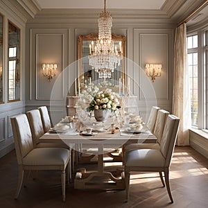 Luxurious furnished dining room, glamour dining area, elegant interior design