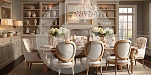 Luxurious furnished dining room, glamour dining area, elegant interior design