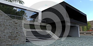Luxurious futuristic country villa. Red slate and black brick finish. Wide staircase to the second level. 3d render