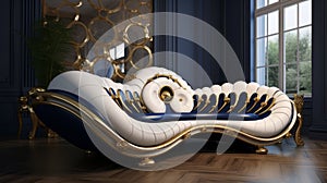 Luxurious Futuristic Gold Sofa Inspired By Clam - Navy, Gold, White