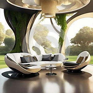 A luxurious, futuristic lounge with a glossy, and a variety of advanced technology and gadgets.