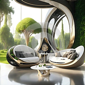 A luxurious, futuristic lounge with a glossy, and a variety of advanced technology and gadgets.