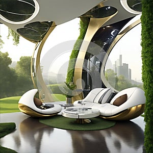 A luxurious, futuristic lounge with a glossy, and a variety of advanced technology and gadgets.