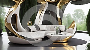 A luxurious, futuristic lounge with a glossy, and a variety of advanced technology and gadgets.