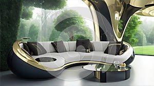 A luxurious, futuristic lounge with a glossy, and a variety of advanced technology and gadgets.