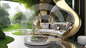 A luxurious, futuristic lounge with a glossy, and a variety of advanced technology and gadgets.