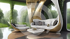 A luxurious, futuristic lounge with a glossy, and a variety of advanced technology and gadgets.