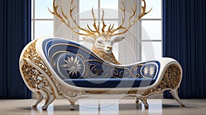 Luxurious Futuristic Sofa Design With Gold Deer Head - White And Blue