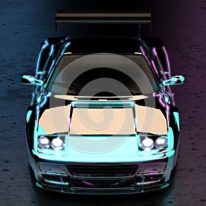 Luxurious Futuristic Sports Car in Neon Studio Light. Aerial Front View.