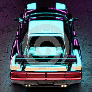 Luxurious Futuristic Sports Car in Neon Studio Light. Aerial Rear View.