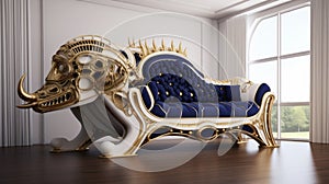 Luxurious Futuristic Victorian Blue And Gold Couch With Rhino Statue