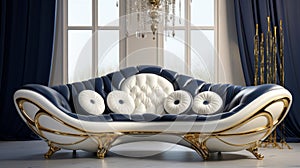 Luxurious Futuristic Victorian Style Couch With Gold, White, And Blue Accents