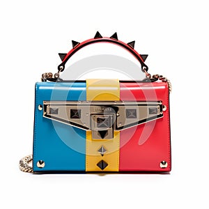 Luxurious Geometry: Colorful Handbag With Studded Rivets In Red, Blue, Yellow, And Orange