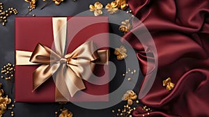 Luxurious gift tied with satin ribbon with bow on background of maroon fabric. Beautiful drapery. Gift for any holiday