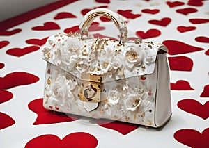 A luxurious gift for Valentine\'s Day. Lady\'s bag in flowers and hearts