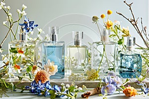 Luxurious glass bottles with citrus and woody cologne  beauty of backdrop enhances dark, aromatic scents