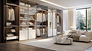 Luxurious Gold And Beige Bedroom With Cabinets And Closet