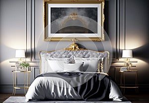 Luxurious gold and black bedroom Interior Design Illustration, Generative AI