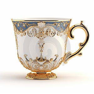 Luxurious Gold Cup With Blue Trim On White Background photo
