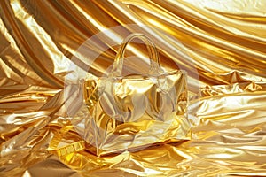 A luxurious gold purse shines on top of a reflective, glossy cloth, creating a dazzling display of elegance and opulence