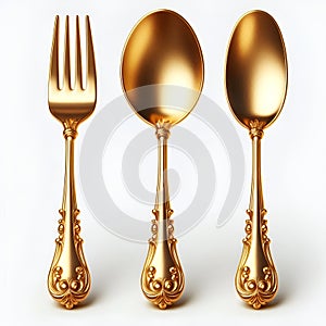 Luxurious Gold Spoon and Fork Against White, Isolate Image, Generative AI.