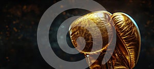 Luxurious Golden boxing glove with a shimmering effect on sparkling bokeh background. Concept of victory and success in