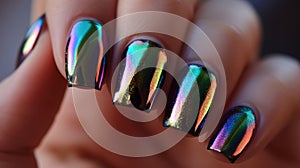 Luxurious Golden and Chrome Manicure Close-up. Close-up view of a hand with shiny metallic gold and chrome nail polish