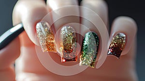 Luxurious Golden and Chrome Manicure Close-up. Close-up view of a hand with shiny metallic gold and chrome nail polish