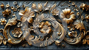 Luxurious Golden Flowers in Baroque Style Artistic Sculpture.