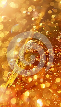 Luxurious golden oil bubbles background with shimmering liquid and golden droplets