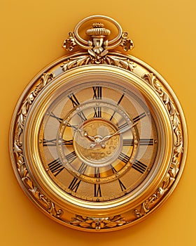 Luxurious Golden Pocket Watch with Roman Numerals on a Vibrant Yellow Background
