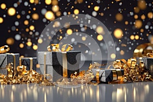 Luxurious Golden Ribbon Gift Box on Blurred Bokeh Background - Generative AI