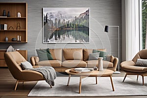 Luxurious green and brown living room interior design, stylish modern contemporary livingroom. generative ai