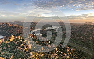 Luxurious green landscape of Hampi,riot of colors and rocky landscape.