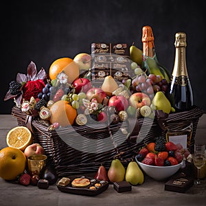 A luxurious hamper basket overflowing with exotic fruits, fine chocolates