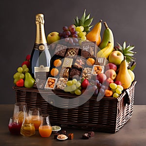 A luxurious hamper basket overflowing with exotic fruits, fine chocolates