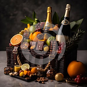 A luxurious hamper basket overflowing with exotic fruits, fine chocolates