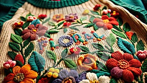 A Luxurious HandKnitted Floral Winter Sweater Intricate Embroidered Details and Bold Colors for a Cozy and Stylish photo