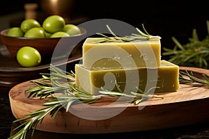 Luxurious handmade olive soap bars with elegant design, ample empty space for copywriting