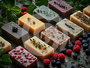 Luxurious handmade soaps, rich with botanicals and berries on stone.