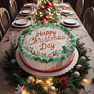 Elegant Happy Christmas Day Cake with Beautiful Holiday Decorations photo