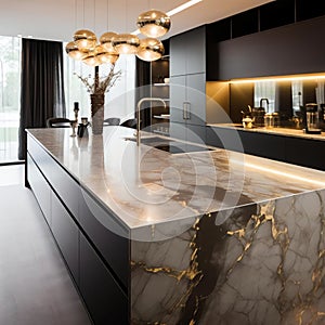 Luxurious high end kitchen with stainless appliances marble and glass tile. AI Generative