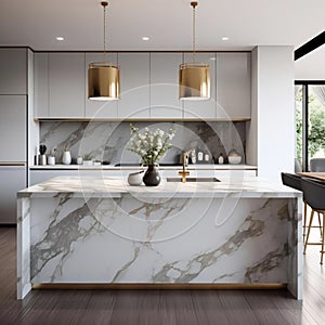 Luxurious high end kitchen with stainless appliances marble and glass tile. AI Generative