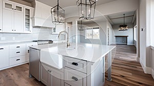 Luxurious high end kitchen with stainless appliances marble and glass tile. Generative Ai