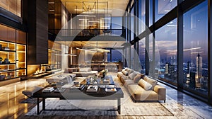 Luxurious High-Rise Apartment Living Room at Twilight With Panoramic City View