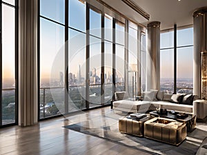 Luxurious High-Rise Penthouse Living Room with Panoramic City Views and Modern Elegance photo
