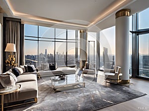 Luxurious High-Rise Penthouse Living Room with Panoramic Cityscape Views and Elegant Decor photo